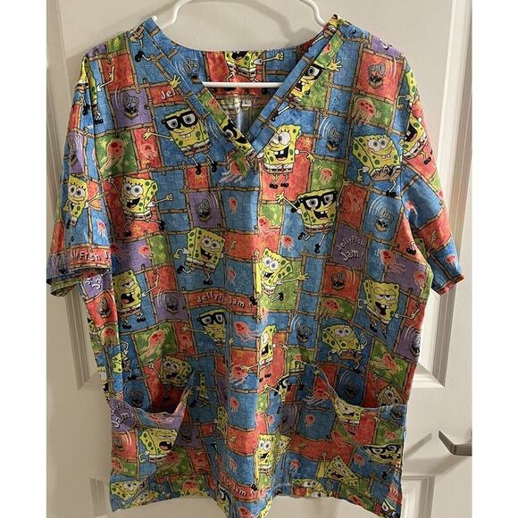 SpongeBob SquarePants Scrubs Short Sleeve V Neck Size Large Shirt Jellyfish Jam - Picture 2 of 4